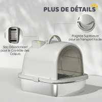 PawHut Maison de toilette pour chat bac à litière fermé bac acier inoxydable, nettoyage facile, 52,4 x 41,3 x 39,9 cm, blanc(m-7)