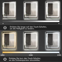 kleankin Badkamerspiegel met LED-verlichting, 3 lichtkleuren, anti-condensfunctie, vaste bekabeling, 70 x 50 cm(m-5)