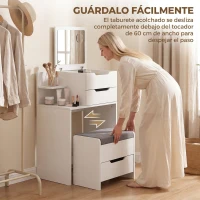 HOMCOM Tocador con Espejo Abatible y Espejo de Aumento Taburete Acolchado con Ruedas 2 Cajones y Balda Abierta Blanco(m-6)