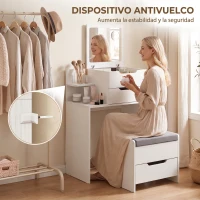 HOMCOM Tocador con Espejo Abatible y Espejo de Aumento Taburete Acolchado con Ruedas 2 Cajones y Balda Abierta Blanco(m-7)