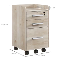 HOMCOM Gaveteiro de Secretária com Rodas, 3 Gavetas, Fechadura e 2 Chaves, Barras Ajustáveis para Arquivo, 39,2x40x65,4 cm, Carvalho(m-3)