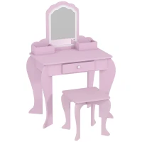 ZONEKIZ Set Toeletta per Bambina con Specchio Trucco e Sgabello Abbinato in Legno, Cassetto e Contenitori, Rosa(m-1)