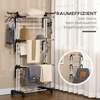 HOMCOM Wasdroogrek, 4 niveaus, inklapbaar, 4 wielen met 2 remmen, metalen frame, Zwart, 73 x 64 x 177cm(m-6)
