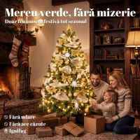 HOMCOM Brad de Crăciun 180 cm cu 200 LED-uri Alb Cald, 8 Moduri, 800 Crenguțe Ignifuge, Globuri, Panglici și Funde(m-4)