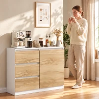 HOMCOM Aparador Pequeno com Porta e 3 Gavetas 80x40x75 cm para Entrada e Sala de Jantar Branco e Natural(m-8)