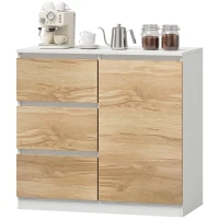 HOMCOM Aparador Pequeno com Porta e 3 Gavetas 80x40x75 cm para Entrada e Sala de Jantar Branco e Natural(m-11)