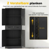 HOMCOM Metalen kast 180 cm, gereedschapskast met afsluitbare deuren, lade en verstelbare planken, zwart(m-7)