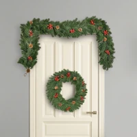 HOMCOM 1,9M kunstkerstslinger bloemdecoratie met dennenappels bessen kerstslinger spar voor trappen haard PE groen 190 x 12 x 8 cm(m-7)
