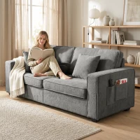 HOMCOM Sofá de 3 Plazas Tapizado en Chenilla con Bolsillos 2 Almohadas Reposabrazos Cojín de Muelles 210x78,5x86,5 cm Gris(m-4)