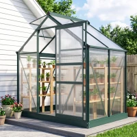 Outsunny 6 x 4ft Polycarbonate Greenhouse, Large Walk in Green House with Slide Door and Window, Garden Plants Grow House with Aluminium Frame and Foundation, Dark Green(m-2)
