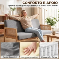 HOMCOM Sofá de 3 Lugares em Tecido Efeito Linho com Detalhes em Vime Sintético Estrutura em Madeira 330 kg 149x77x77 cm Cinza(m-6)