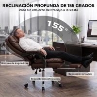 HOMCOM Silla de Oficina Ergonómica con Reposapiés de PU Muelles Ensacados Reclinable 155° Respaldo Alto Reposacabezas Marrón(m-6)