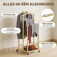 HOMCOM Bamboe kledingrek op wielen, compact, met hangers, ophangstangen, opbergvak en onderrek, eikenlook(m-5)