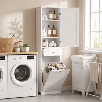 HOMCOM Mueble de Baño en Columna 180 cm con Cesto Portabianchería Abatible, Blanco(m-5)