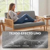 HOMCOM Sofá de 3 Plazas Tapizado en Lino con Detalles Ratán Sintético Estructura de Madera Carga 330 kg 149x77x77 cm Gris(m-5)