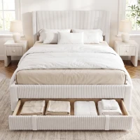 HOMCOM Cama Tapizada 140x200 cm con Cabecero Acolchado y Cajón Almacenaje Láminas de Madera Fácil Montaje Beige(m-8)