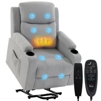 HOMCOM Fotoliu Electric cu Ridicare Asistată, Reclinabil, Încălzit, cu Masaj, Aspect In, 2 Telecomenzi, Gri Deschis(m-12)