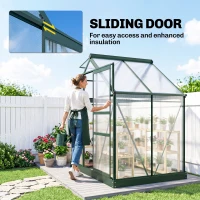 Outsunny 6 x 4ft Polycarbonate Greenhouse, Large Walk in Green House with Slide Door and Window, Garden Plants Grow House with Aluminium Frame and Foundation, Dark Green(m-4)