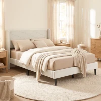 HOMCOM Cama Tapizada 140x200 cm con Cabecero Acolchado con Alas de Terciopelo Láminas de Madera Fácil Montaje Beige(m-10)
