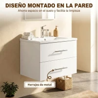 HOMCOM Mueble de Baño con Lavabo Montaje en Pared con 2 Cajones Lavamanos de Cerámica Estilo Moderno 61x40x48 cm Blanco(m-6)