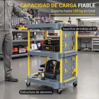 HOMCOM Carro de Herramientas con Ruedas de 3 Niveles con Panel Perforado 8 Ganchos para Garaje Taller Almacén Gris y Amarillo(m-6)