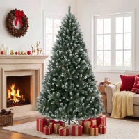 HOMCOM Árbol de Navidad Artificial 210 cm con 1140 Puntas Efecto Nevado 75 Piñas y Base Metálica Plegable Verde y Blanco(m-10)