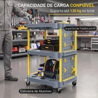 HOMCOM Carro de Ferramentas com Rodas de 3 Níveis com Painel Perfurado e Ganchos, com Travões, Cinzento e Amarelo(m-6)