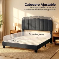 HOMCOM Cama Tapizada Doble 160x200 cm con Cabecero Acolchado Ajustable Láminas de Madera Fácil Montaje Gris Oscuro(m-4)