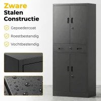 HOMCOM Metalen kast 180 cm, gereedschapskast met afsluitbare deuren, lade en verstelbare planken, zwart(m-4)