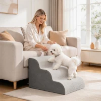 PawHut Dog Steps for Bed and Sofa, 3-Step Non-Slip Dog Stairs with Removable Washable Cover, Carry Handle, Light Grey(m-14)