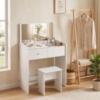 HOMCOM Vanity Desk with Mirror Dressing Table Drawer Set 6 Compartments Storage Stool White(m-14)