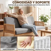HOMCOM Sofá de 3 Plazas Tapizado en Lino con Detalles Ratán Sintético Estructura de Madera Carga 330 kg 149x77x77 cm Gris(m-6)