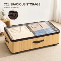 HOMCOM 72L Under Bed Storage with Wheels Pack of 2, Underbed Storage Box with Clear Lid Cover and Reinforced Handle, Natural(m-6)