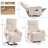HOMCOM Sillón Relax Reclinable Eléctrico Levanta Personas con 2 Puntos Masaje Asiento con Muelles Reposapiés de Chenilla Crema(m-3)