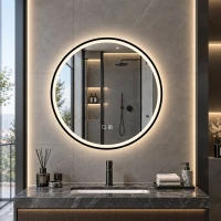 HOMCOM Bathroom Mirror with LED Lights, 60cm Round LED Bathroom Mirror with 3 Colours Dimmable, Bluetooth, Anti-Fog, Black(m-9)