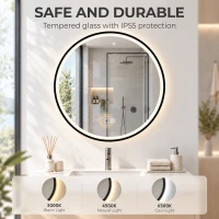 HOMCOM Bathroom Mirror with LED Lights, 60cm Round LED Bathroom Mirror with 3 Colours Dimmable, Bluetooth, Anti-Fog, Black(m-5)