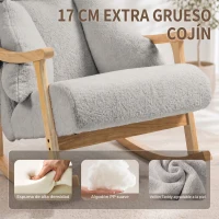 HOMCOM Mecedora Tapizada de Borreguito con Reposacabezas Ajustable y Patas de Madera 65x98x88 cm Gris Claro(m-6)