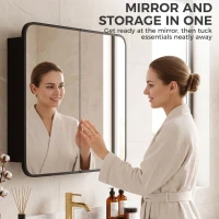 HOMCOM Bathroom Medicine Mirror Cabinet, Bathroom Wall Cabinet with Storage, Magnetic Doors and Adjustable Shelf, Black(m-7)