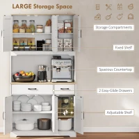 HOMCOM Kitchen Pantry with 6 Doors Countertop for Microwave 2 Drawers Adjustable Shelves Cable Hole White(m-4)