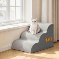 PawHut Dog Steps for Bed and Sofa, 3-Step Non-Slip Dog Stairs with Removable Washable Cover, Carry Handle, Light Grey(m-8)