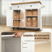HOMCOM Isla de Cocina con Ruedas Mueble Auxiliar de Cocina con Especiero y Barra Lateral 111x44,5x82,5 cm Blanco(m-5)