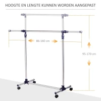 HOMCOM® garderobestandaard RVS kapstok oprolbaar in breedte en hoogte verstelbaar(m-4)