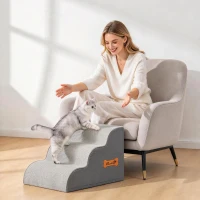 PawHut Dog Steps for Bed and Sofa, 3-Step Non-Slip Dog Stairs with Removable Washable Cover, Carry Handle, Light Grey(m-9)