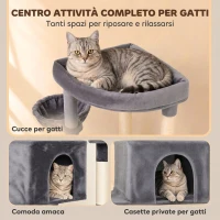 PawHut Tiragraffi per Gatti Alto 180 cm Multilivello, 13 Pali, 2 Casette, Amaca, Lettini, Grigio Scuro(m-5)