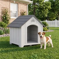 PawHut Caseta para perro de exterior, caseta de polipropileno impermeable y ventilada, suelo elevado 66x55x65cm gris claro(m-4)