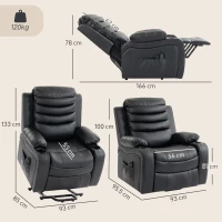 HOMCOM Cadeirão Elevatório Elétrico com Massagem Vibratória e Calor Lombar Reclinável Preto(m-3)