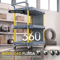 HOMCOM Carro de Herramientas con Ruedas de 3 Niveles con Panel Perforado 8 Ganchos para Garaje Taller Almacén Gris y Amarillo(m-5)