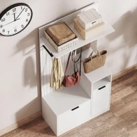 HOMCOM Perchero 6 en 1 Mueble de Entrada con Banco para Zapatos Espejo Cajón Abatible Estantes Ajustables 4 Ganchos Blanco(m-7)