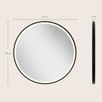 HOMCOM Bathroom Mirror with LED Lights, 60cm Round LED Bathroom Mirror with 3 Colours Dimmable, Bluetooth, Anti-Fog, Black(m-3)