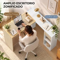 HOMCOM Escritorio Esquinero en L de 120x110 cm con Cajón y 2 Estantes para Oficina en Casa Estudio Blanco y Natural(m-6)